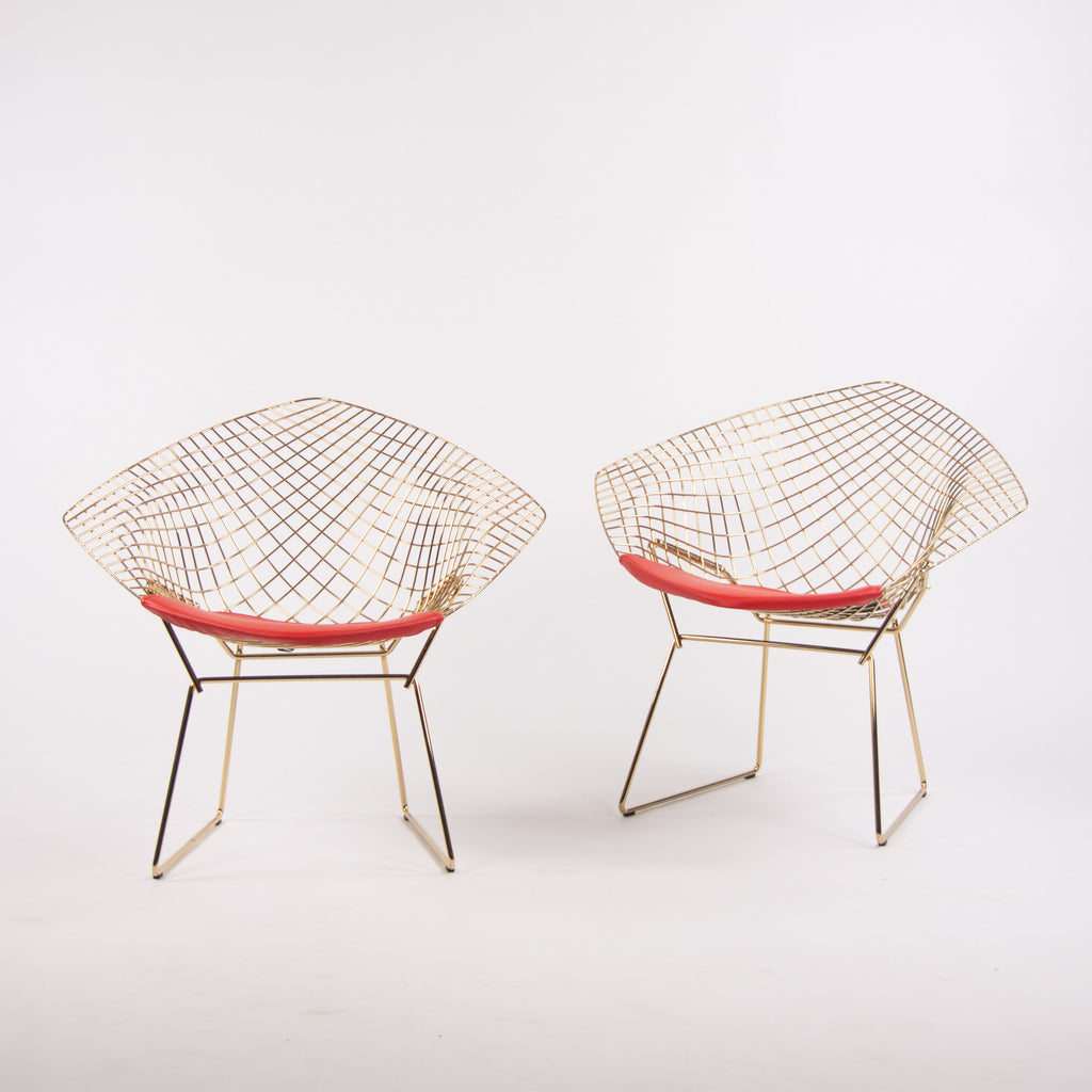 SOLD Pair of New 18k Gold Knoll Studio Harry Bertoia Wire Diamond Chairs Red 5k MSRP