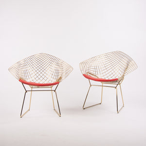 SOLD Pair of New 18k Gold Knoll Studio Harry Bertoia Wire Diamond Chairs Red 5k MSRP