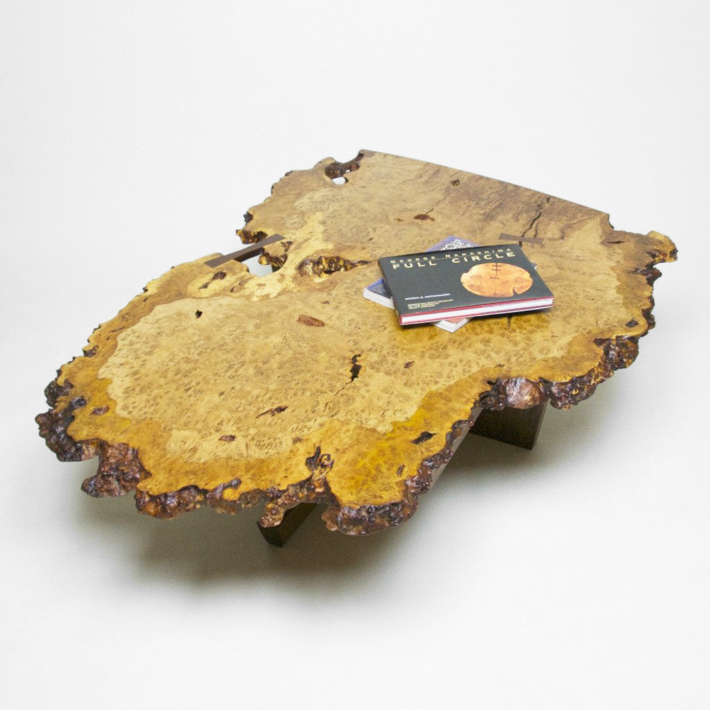 SOLD Authentic George Nakashima Studio Mira Nakashima English Oak Burl Coffee Table with Minguren I Base