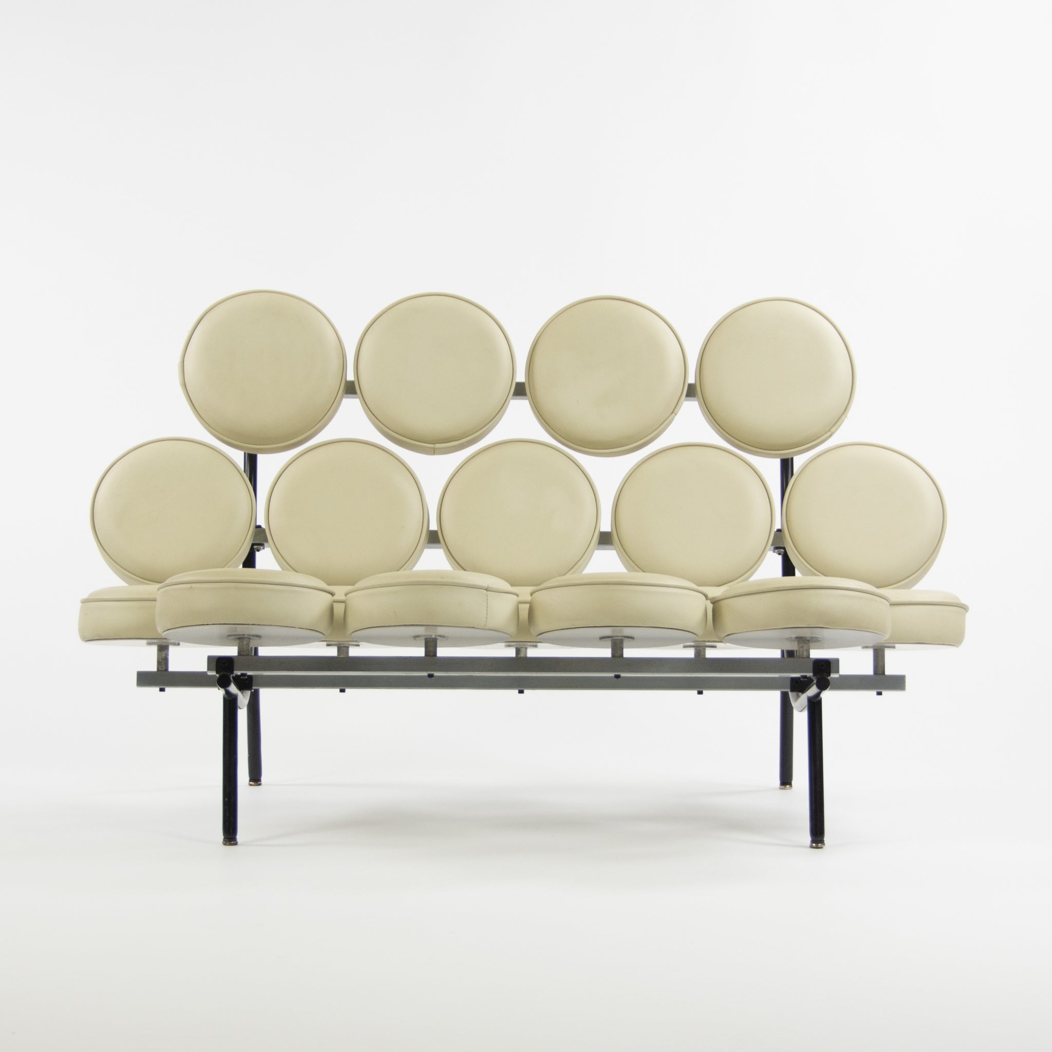 SOLD 2000's Original George Nelson Herman Miller Marshmallow Sofa Tan / Creme Leather