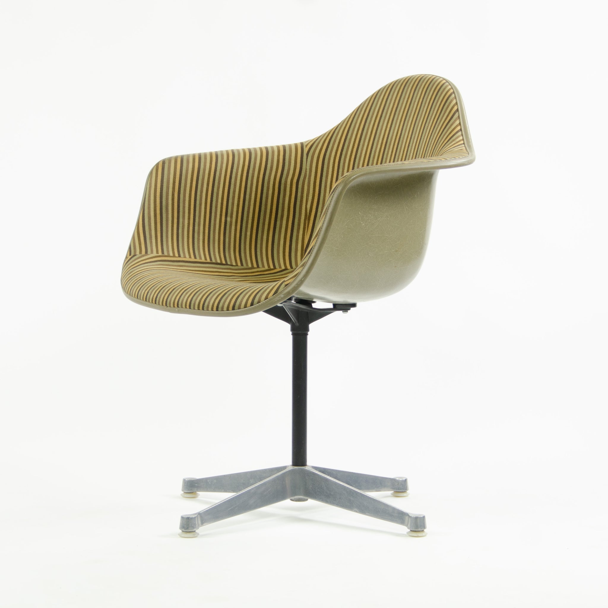SOLD Early Eames Herman Miller PAC-1 Armshell Chair w Alexander Girard Stripe Fabric