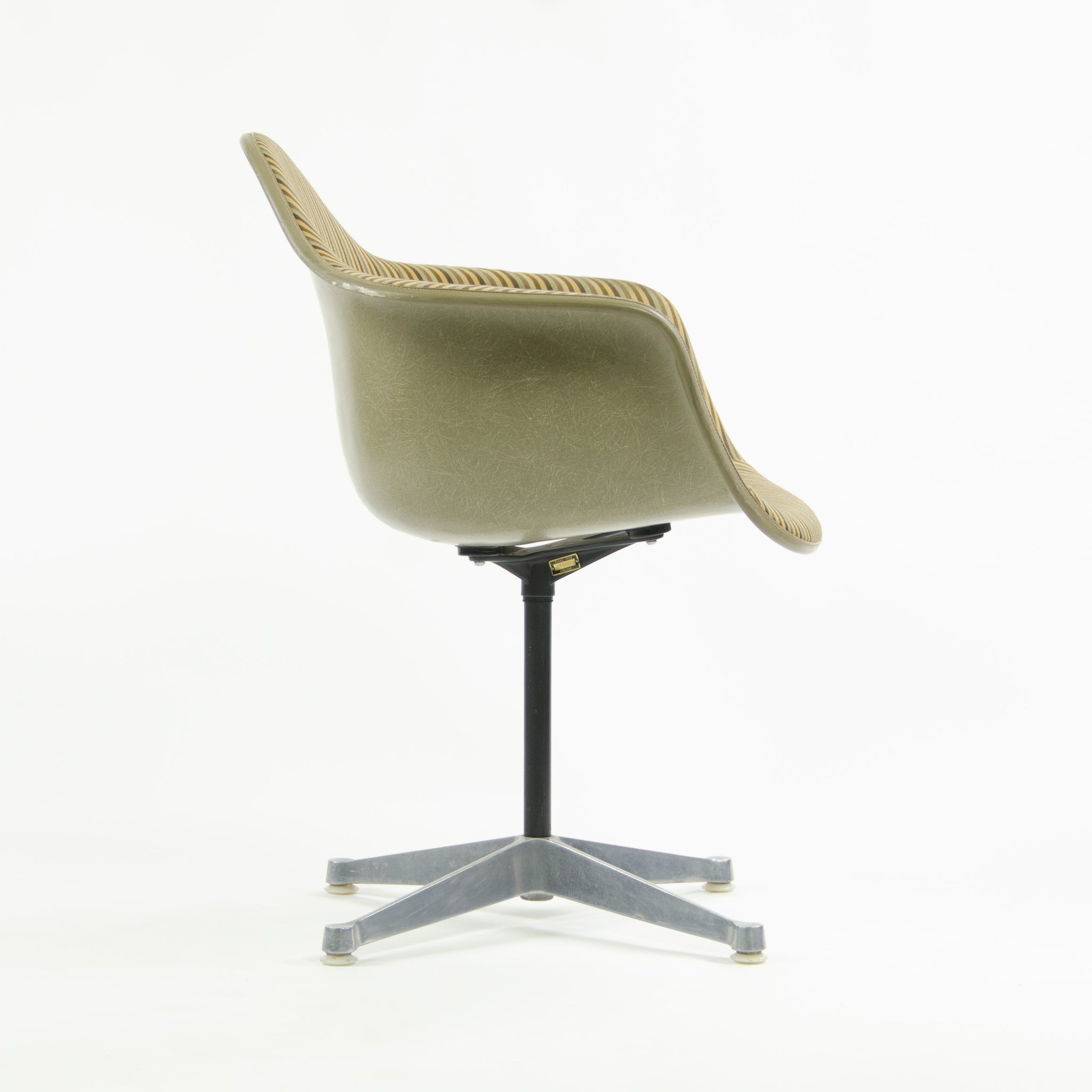 SOLD Early Eames Herman Miller PAC-1 Armshell Chair w Alexander Girard Stripe Fabric