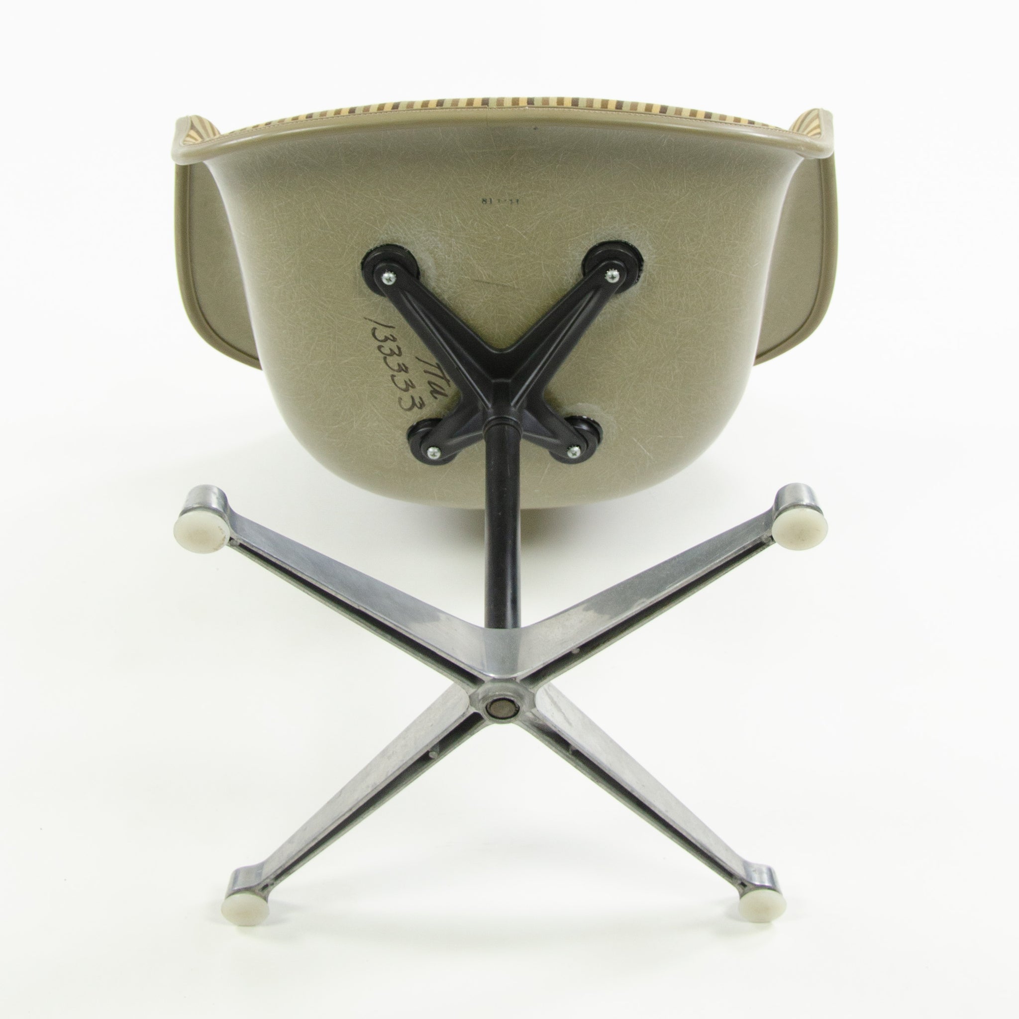 SOLD Early Eames Herman Miller PAC-1 Armshell Chair w Alexander Girard Stripe Fabric