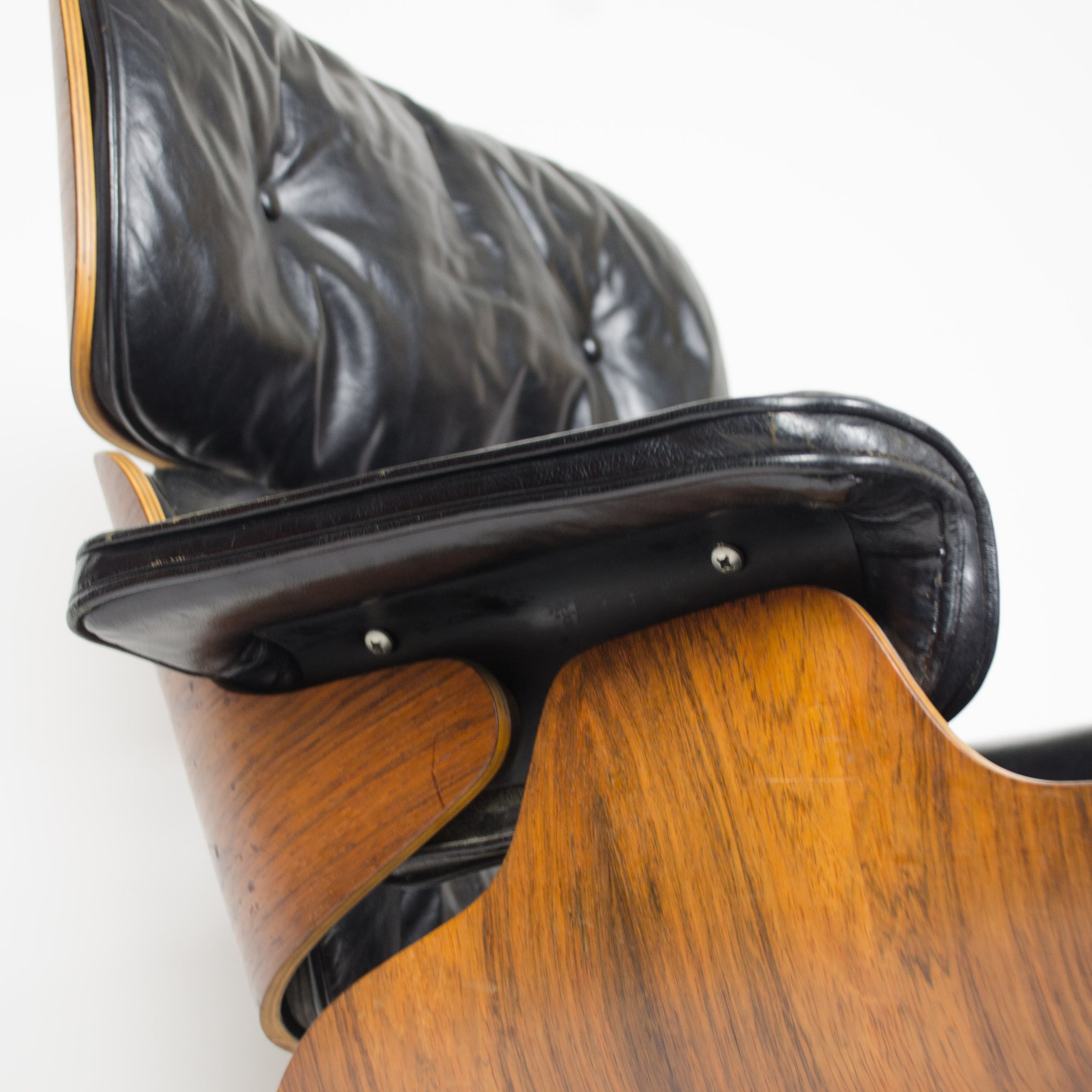 SOLD 1956 Herman Miller Eames Lounge Chair w Swivel Ottoman Boots + 2 hole armrests