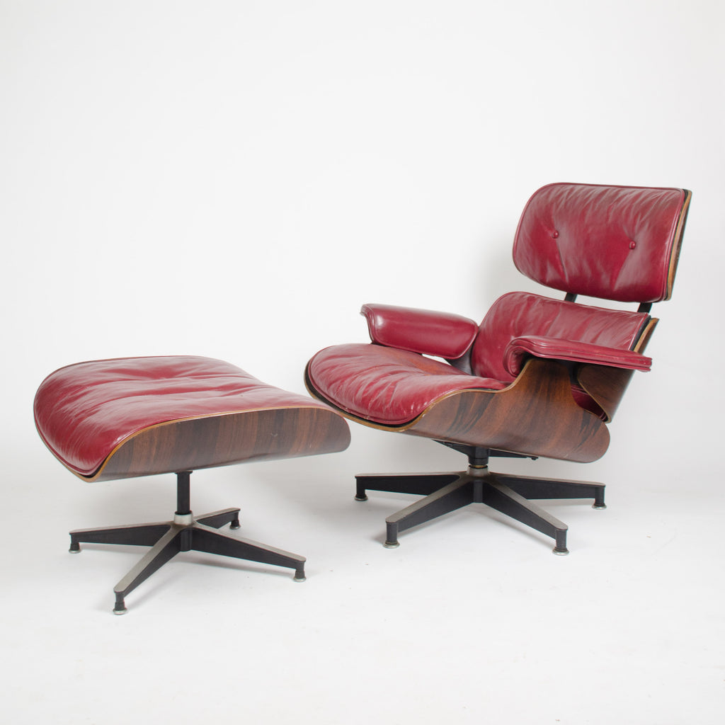 SOLD 1956 Herman Miller Eames Lounge Chair w Ottoman Boot Glides 3 Screws Red