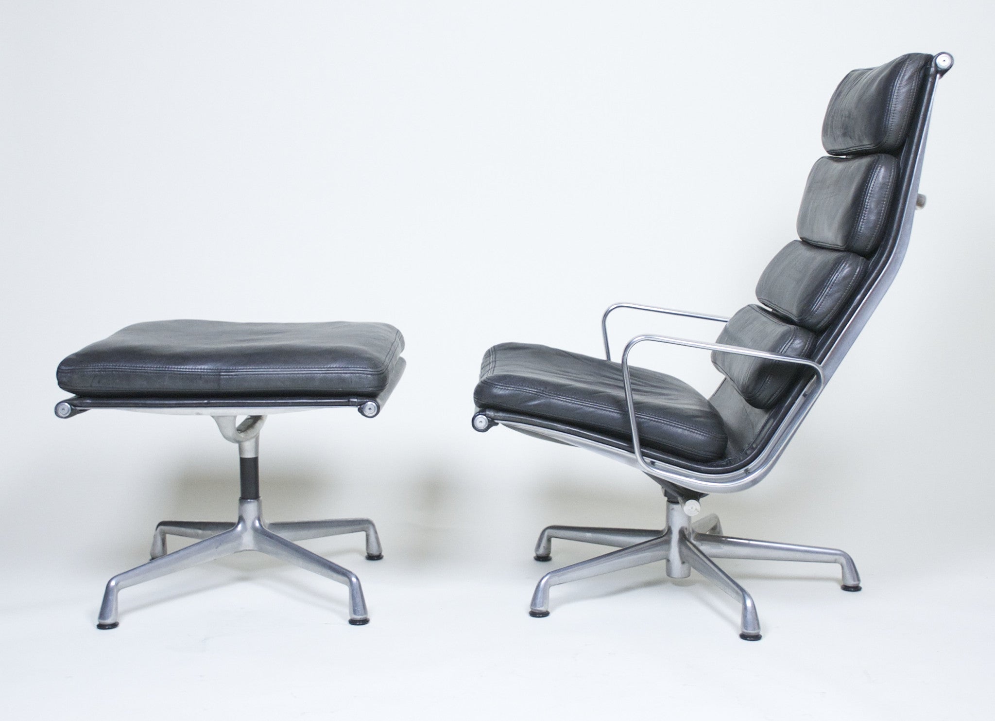 SOLD Eames Herman Miller Soft Pad Aluminum Lounge Chair with Ottoman Black Leather