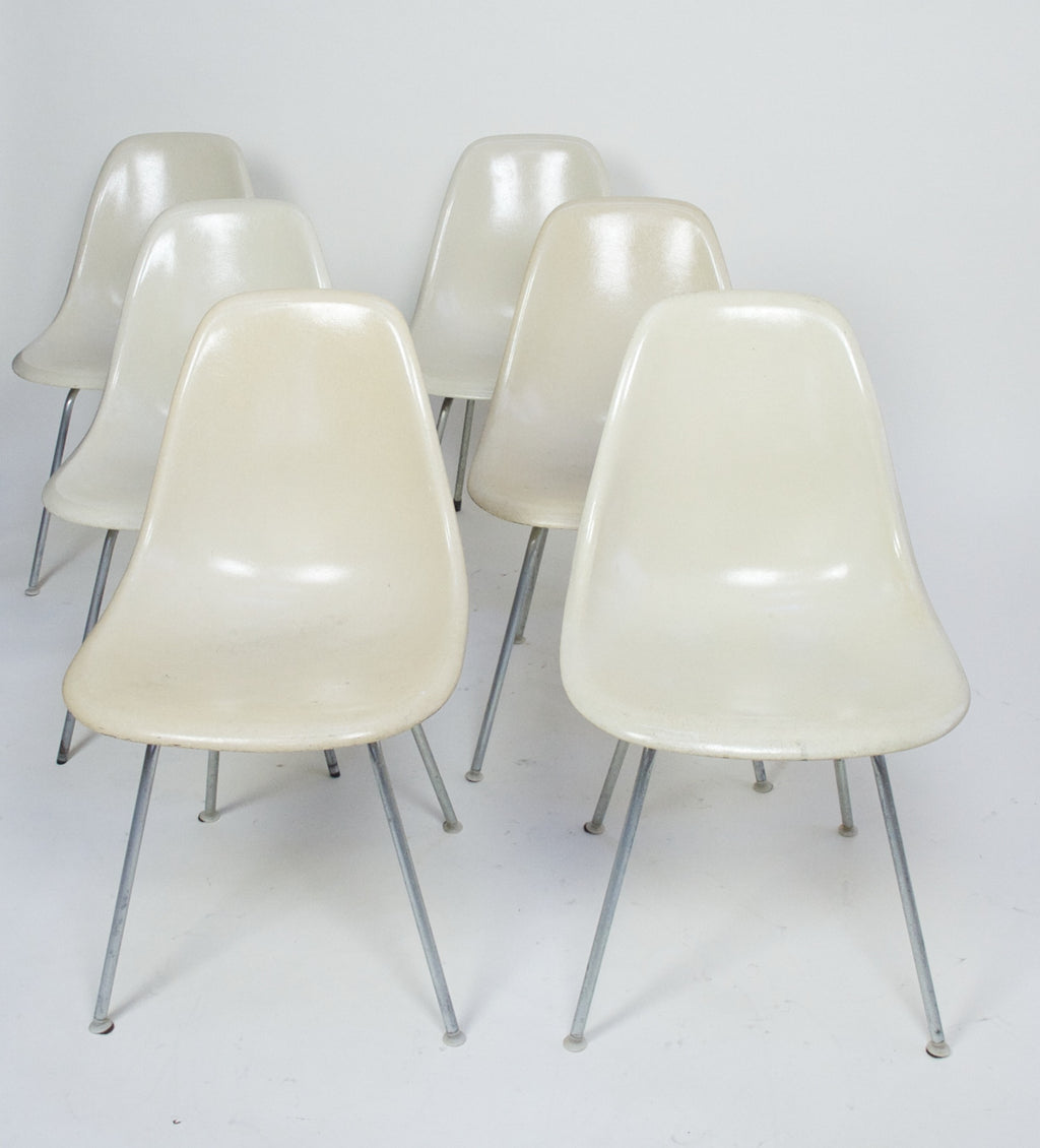 SOLD Original Set Of 6 White / Parchment Eames Herman Miller Fiberglass Shell Chairs