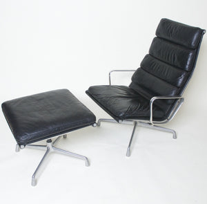 SOLD Eames Herman Miller Soft Pad Aluminum Lounge Chair with Ottoman Black Leather