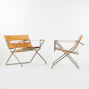 SOLD 1970s Marcel Breuer for Tecta Bauhaus B4 D4 Folding Chairs in Tan Leather Pair