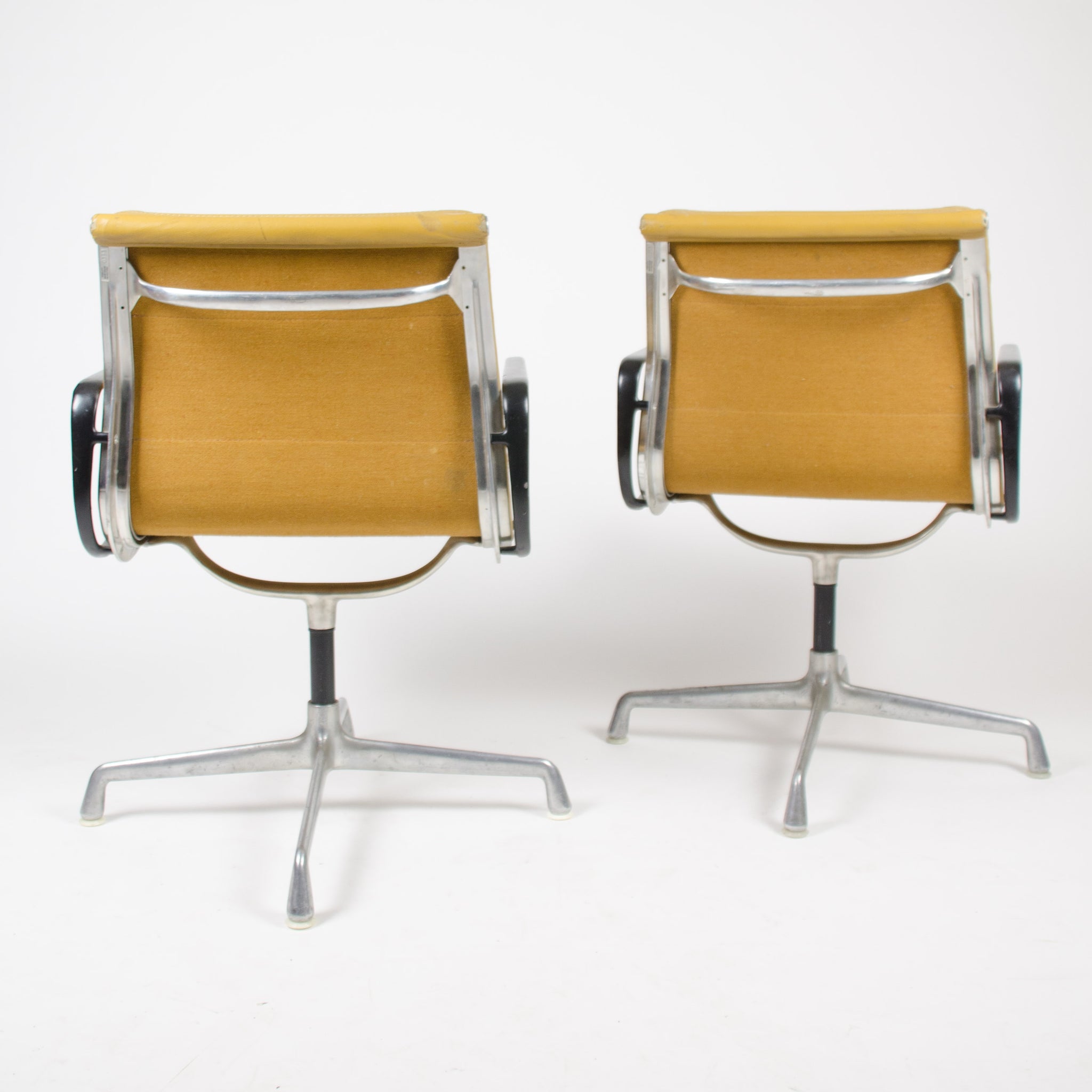 SOLD Pair Eames Herman Miller Soft Pad Aluminum Chair Cognac Leather w Girard Fabric