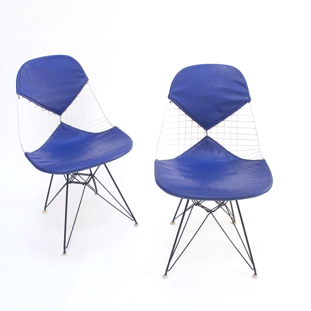 SOLD Eames Pair of Herman Miller Eiffel Tower Wire Bikini Side Shell Chairs Blue / White 60's