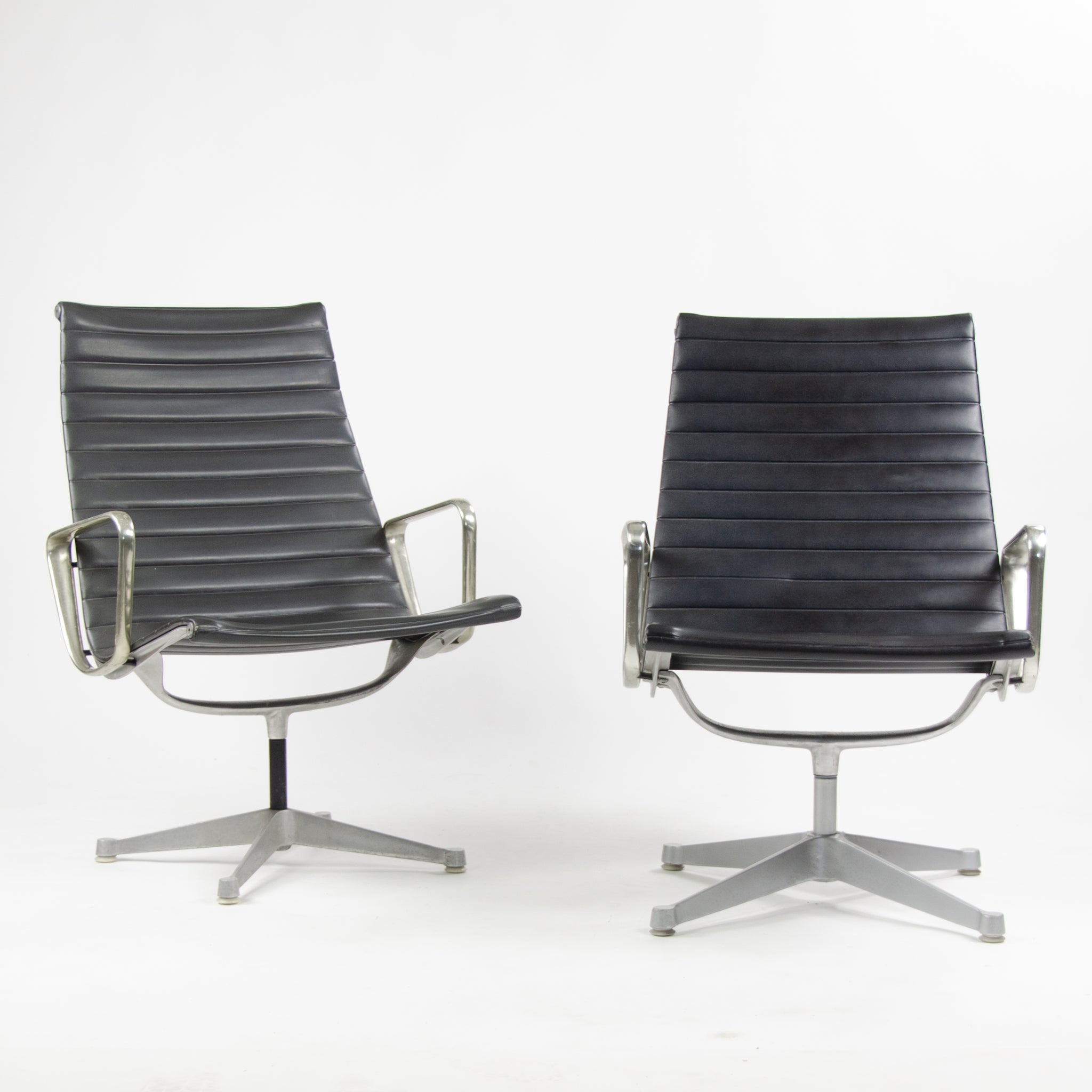 SOLD Early Pair Eames Herman Miller Aluminum Group Lounge Chairs, Charcoal Upholstery