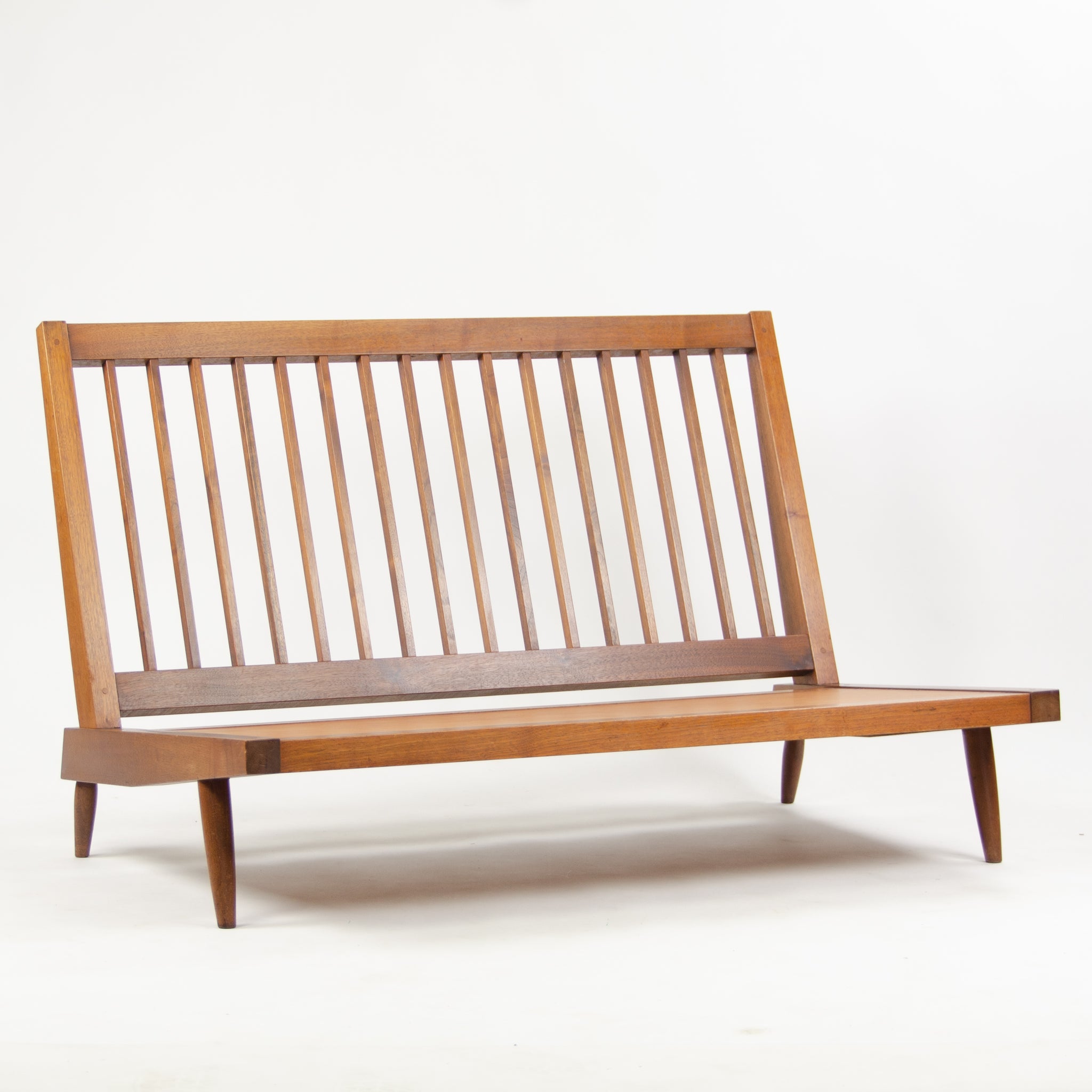 SOLD 1960s George Nakashima Studio Walnut Settee Loveseat Sofa in Green Fabric