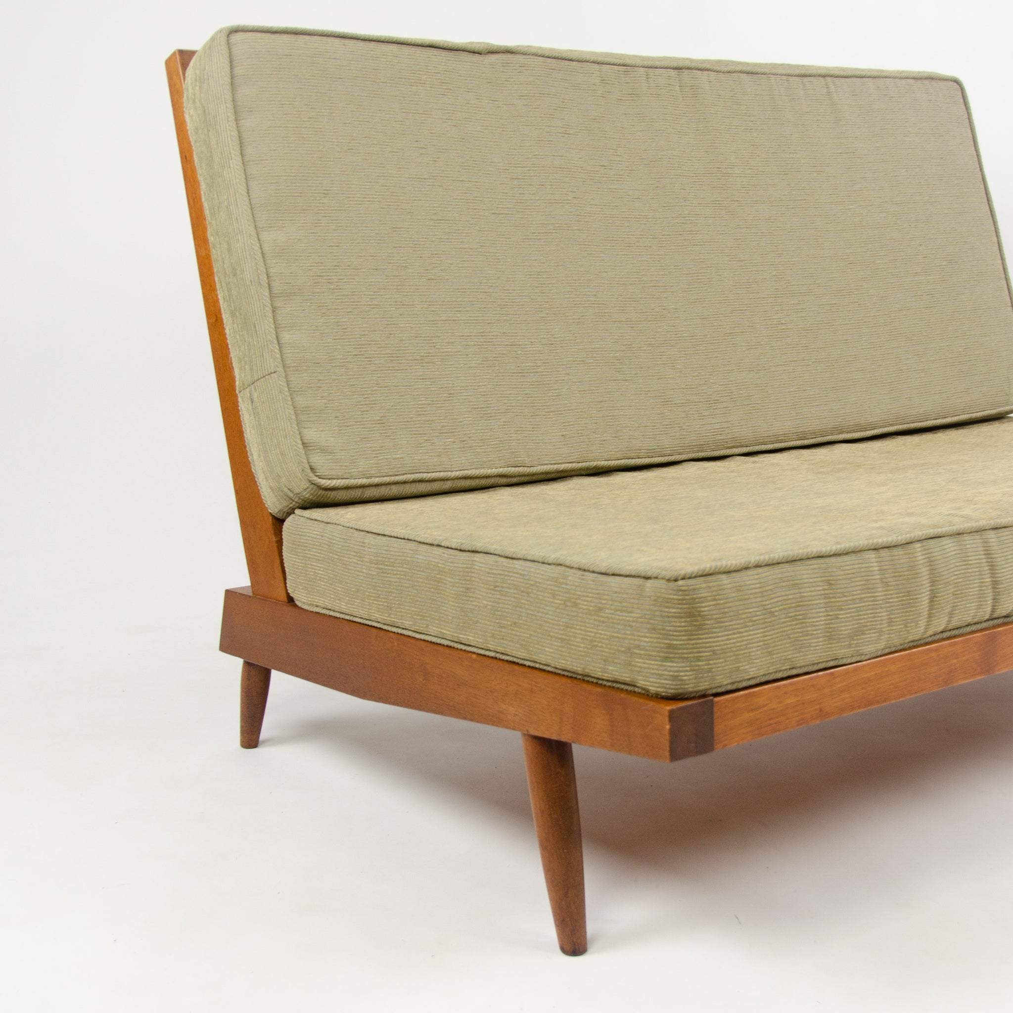 SOLD 1960s George Nakashima Studio Walnut Settee Loveseat Sofa in Green Fabric