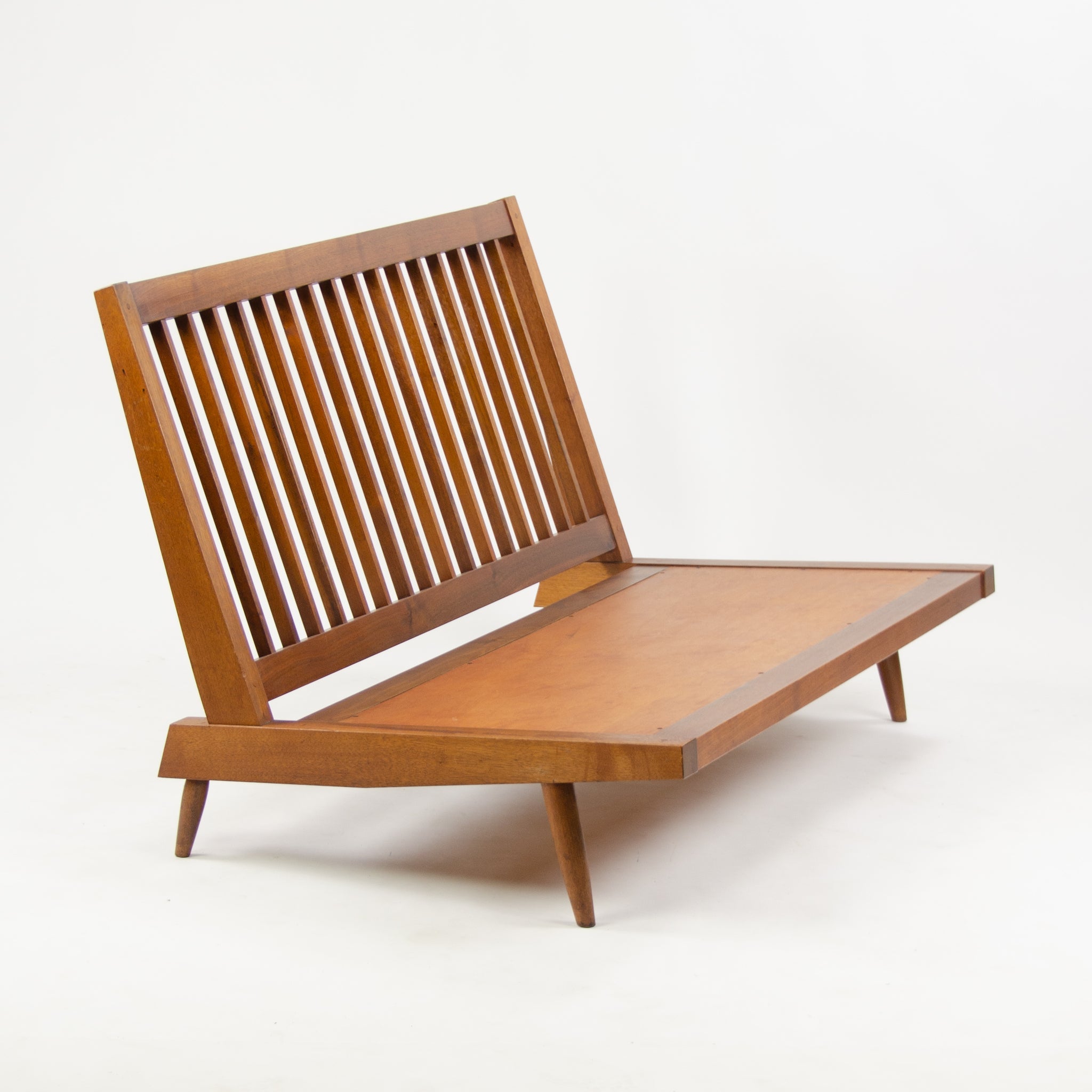 SOLD 1960s George Nakashima Studio Walnut Settee Loveseat Sofa in Green Fabric