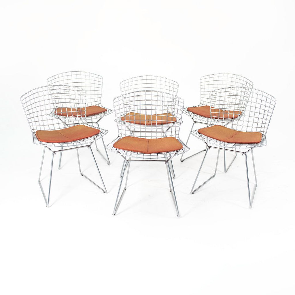 SOLD 2000s Set of Six 420C Bertoia Side Chairs by Harry Bertoia for Knoll in Satin Chromed Steel and Orange Fabric