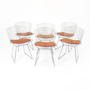 SOLD 2000s Set of Six 420C Bertoia Side Chairs by Harry Bertoia for Knoll in Satin Chromed Steel and Orange Fabric