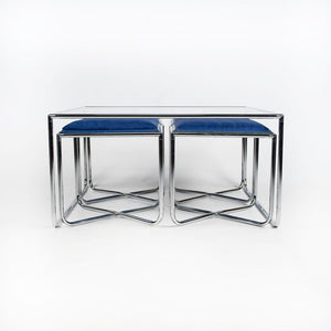SOLD 1970s Bauhaus Influenced Flip-top Stool and Table Set in Blue Fabric and Glass