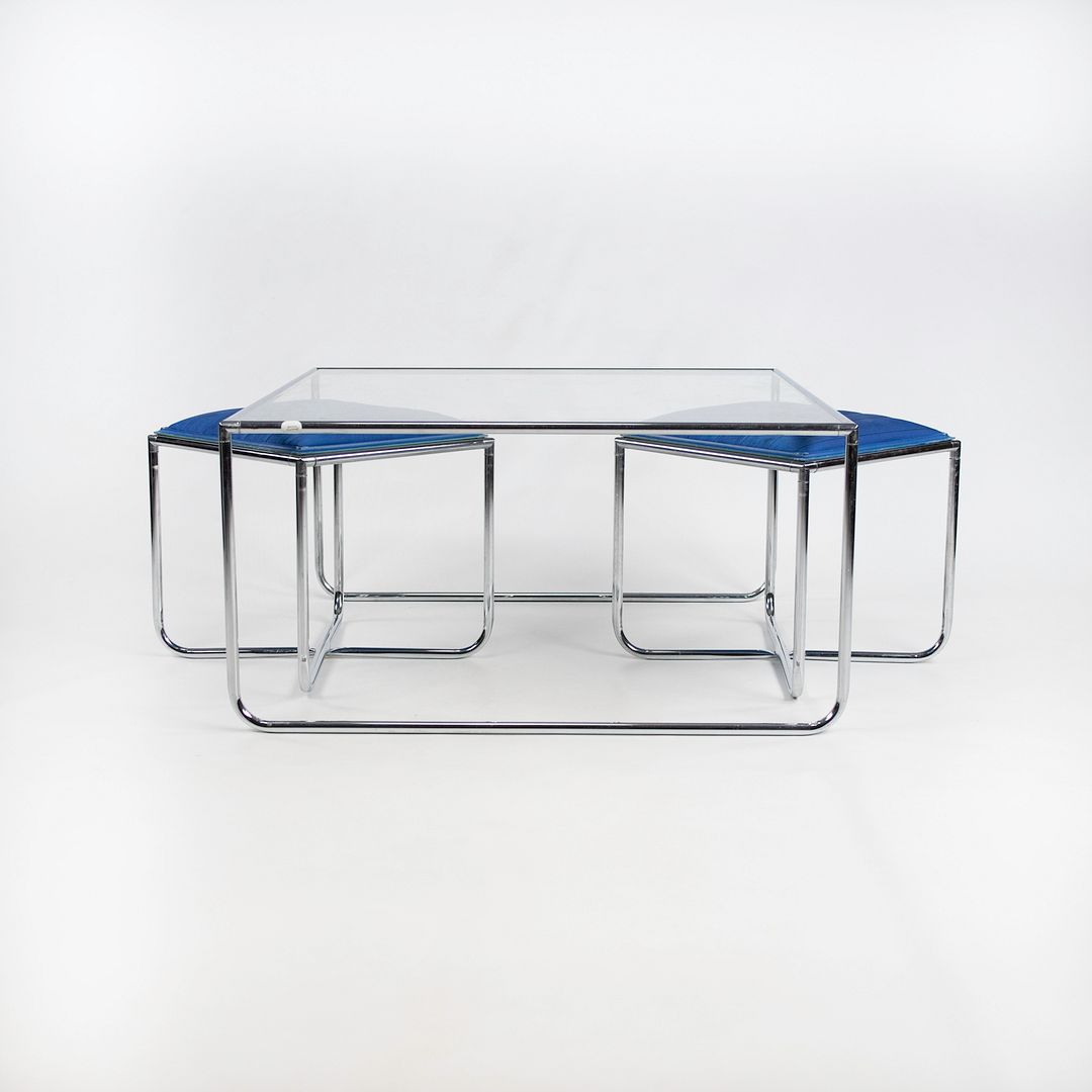 SOLD 1970s Bauhaus Influenced Flip-top Stool and Table Set in Blue Fabric and Glass