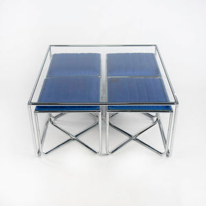 SOLD 1970s Bauhaus Influenced Flip-top Stool and Table Set in Blue Fabric and Glass