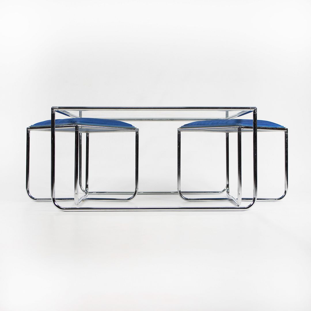 SOLD 1970s Bauhaus Influenced Flip-top Stool and Table Set in Blue Fabric and Glass