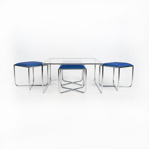 SOLD 1970s Bauhaus Influenced Flip-top Stool and Table Set in Blue Fabric and Glass