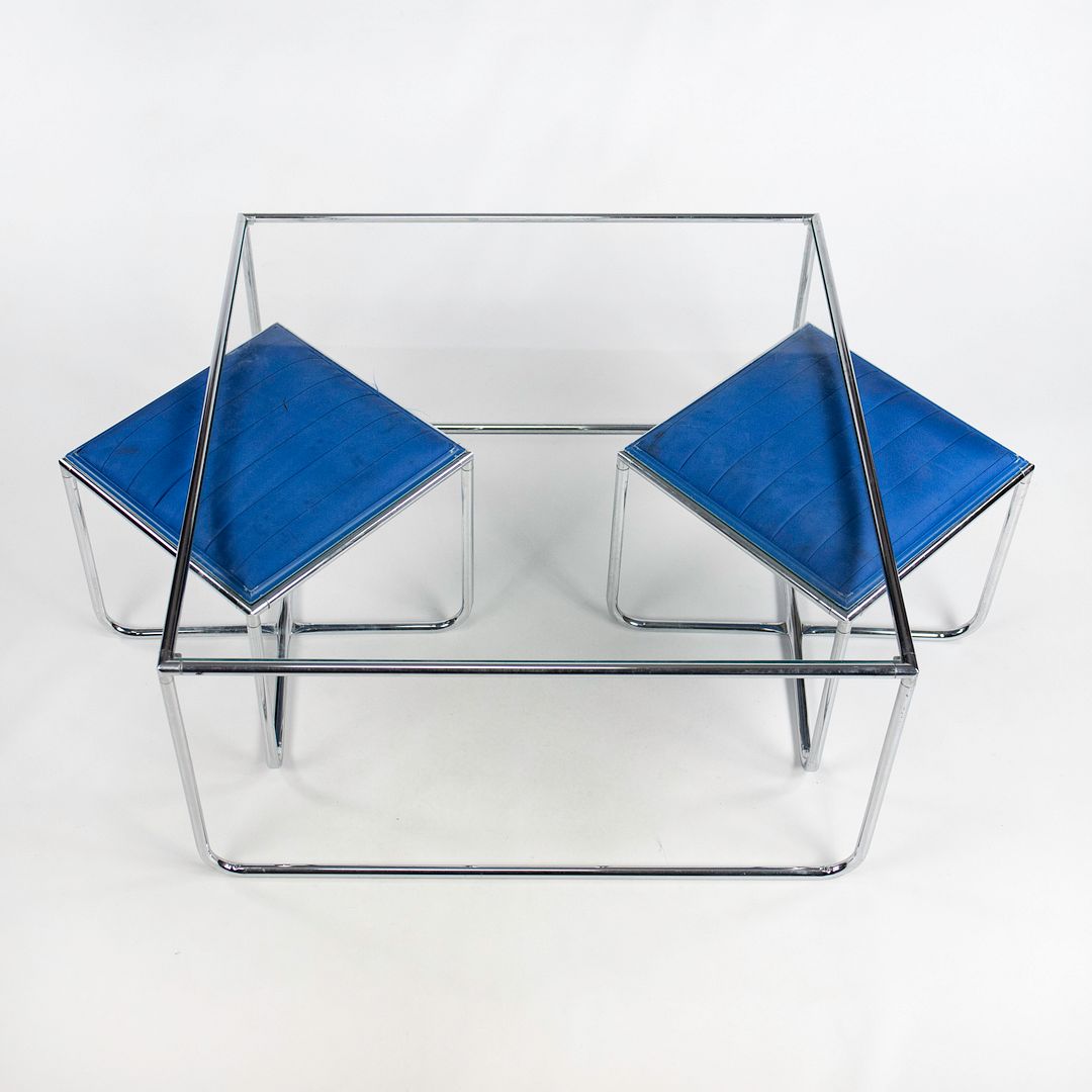 SOLD 1970s Bauhaus Influenced Flip-top Stool and Table Set in Blue Fabric and Glass