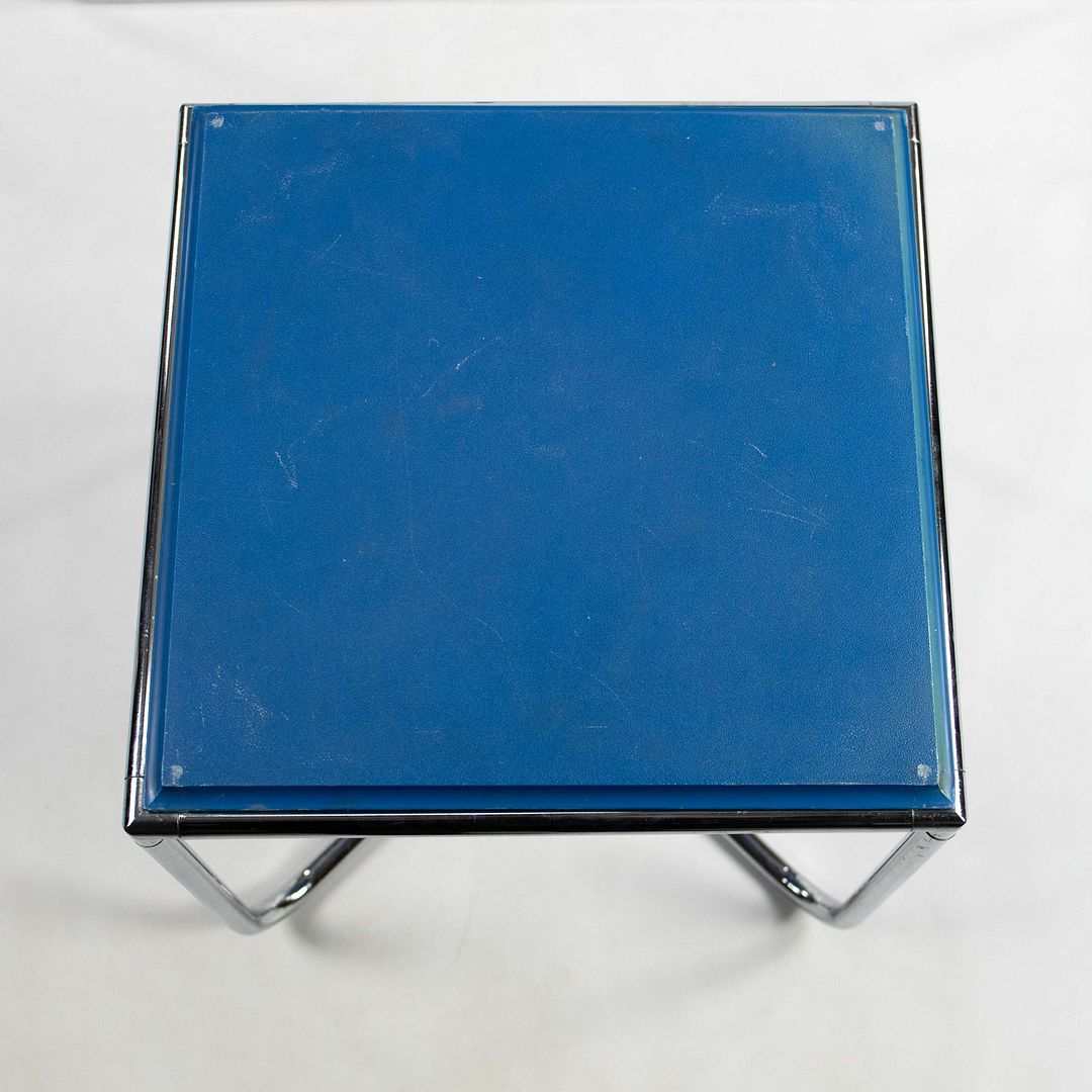 SOLD 1970s Bauhaus Influenced Flip-top Stool and Table Set in Blue Fabric and Glass