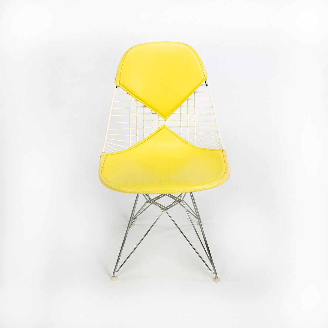 1958 Set of Four DKR-2 Wire Dining Chairs by Charles and Ray Eames for Herman Miller with Yellow Naugahyde Pads