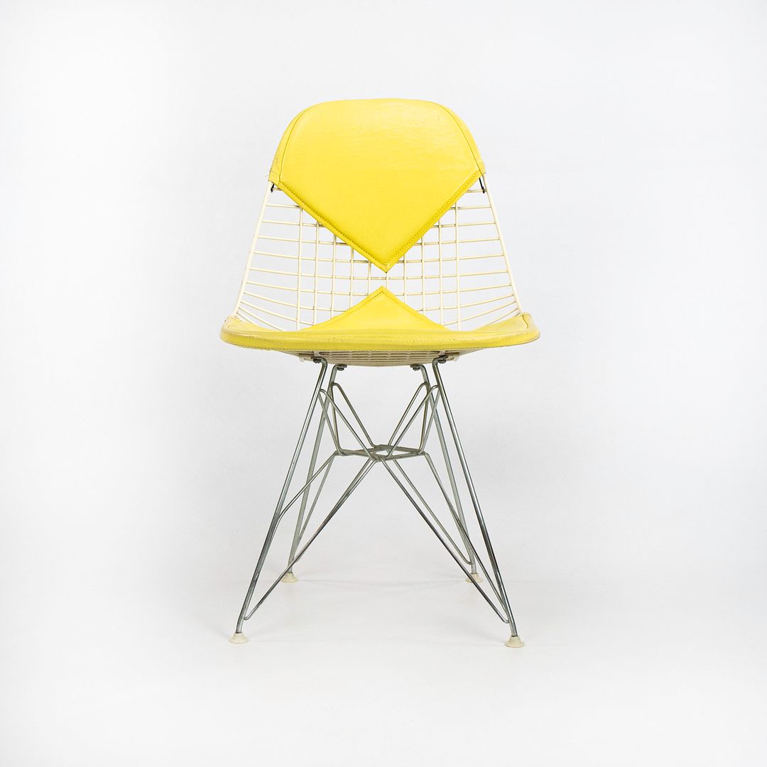 1958 Set of Four DKR-2 Wire Dining Chairs by Charles and Ray Eames for Herman Miller with Yellow Naugahyde Pads