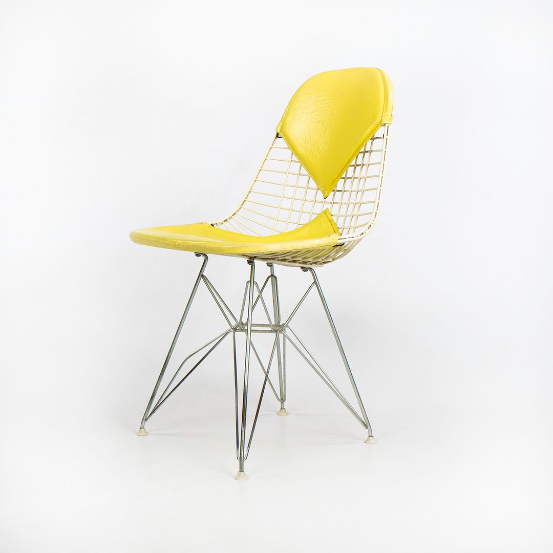 1958 Set of Four DKR-2 Wire Dining Chairs by Charles and Ray Eames for Herman Miller with Yellow Naugahyde Pads