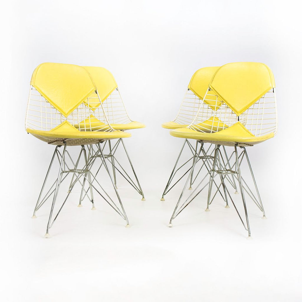 1958 Set of Four DKR-2 Wire Dining Chairs by Charles and Ray Eames for Herman Miller with Yellow Naugahyde Pads