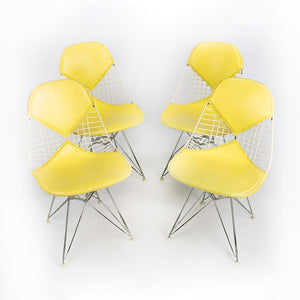 1958 Set of Four DKR-2 Wire Dining Chairs by Charles and Ray Eames for Herman Miller with Yellow Naugahyde Pads